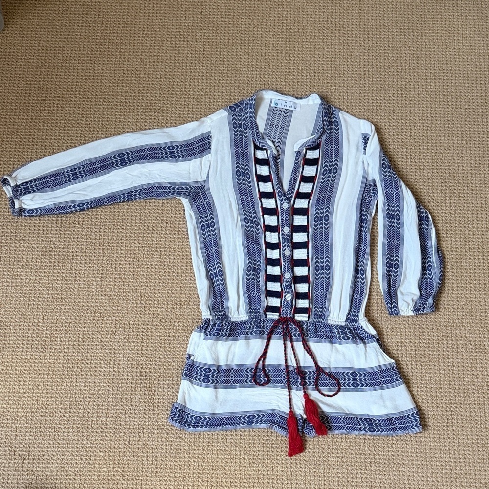Bindu Blue White Boho Romper Embroidered Tassel Drawstring M Pockets